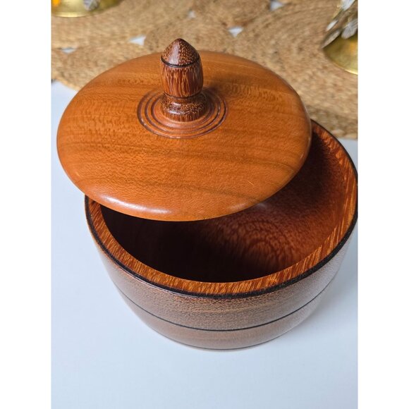 Handcrafted Round Wood Tobacco Jar With Finial Lid & Ridged Seal - Picture 9 of 10